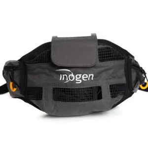 Front view of the Inogen Rove 4 waist bag with Inogen logo, ventilatio