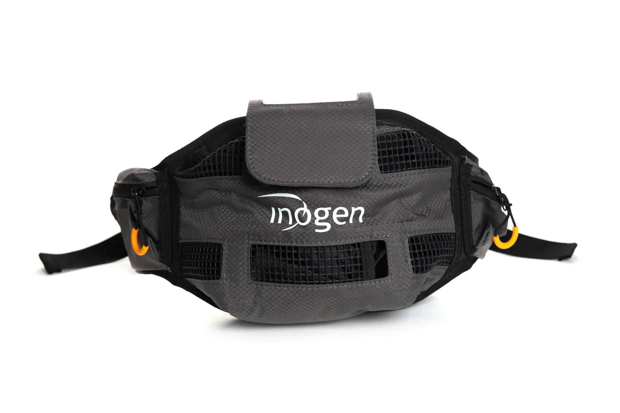 Front view of the Inogen Rove 4 waist bag with Inogen logo, ventilatio